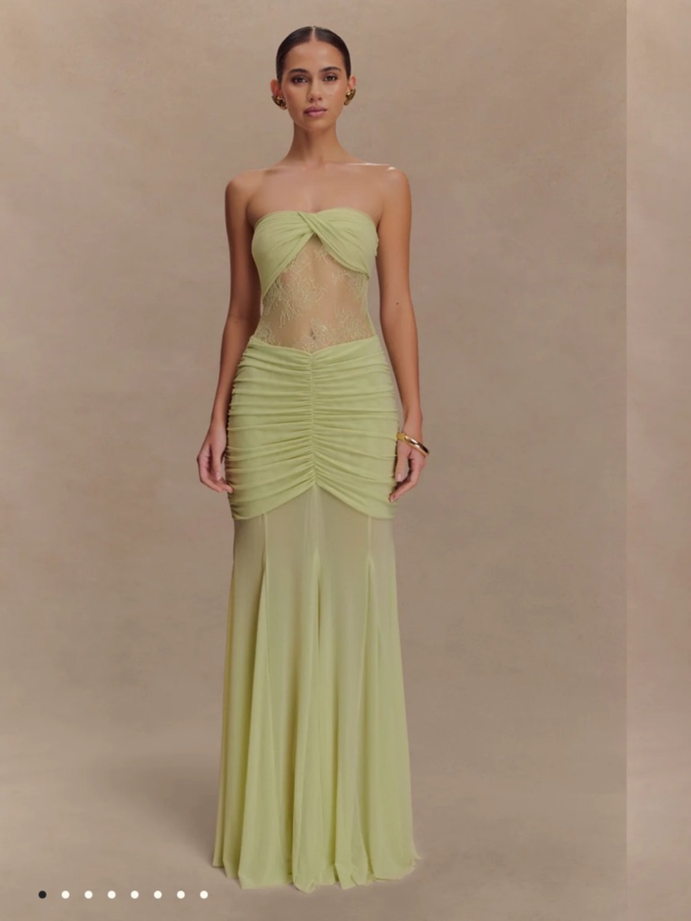 Meshki Strapless Light Green Ruched Mesh Evening Gown